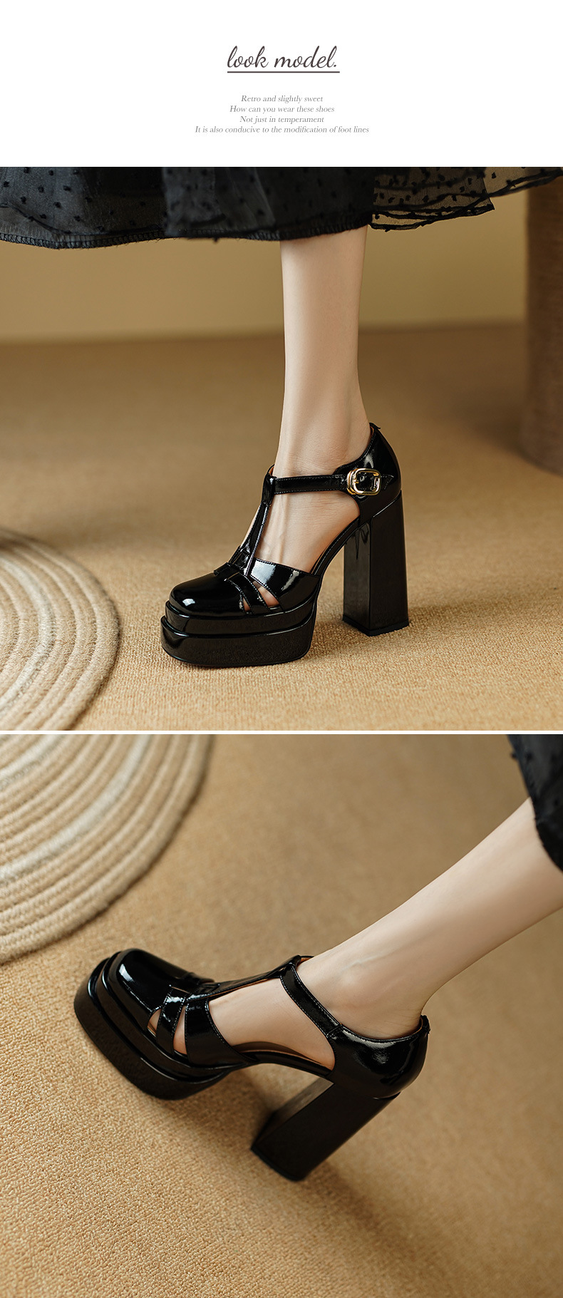 Sandal cao gót nữ quai chữ T mũi kín, gót vuông 12 cm, phong cách Âu Mỹ — Màu đen chi tiết 3