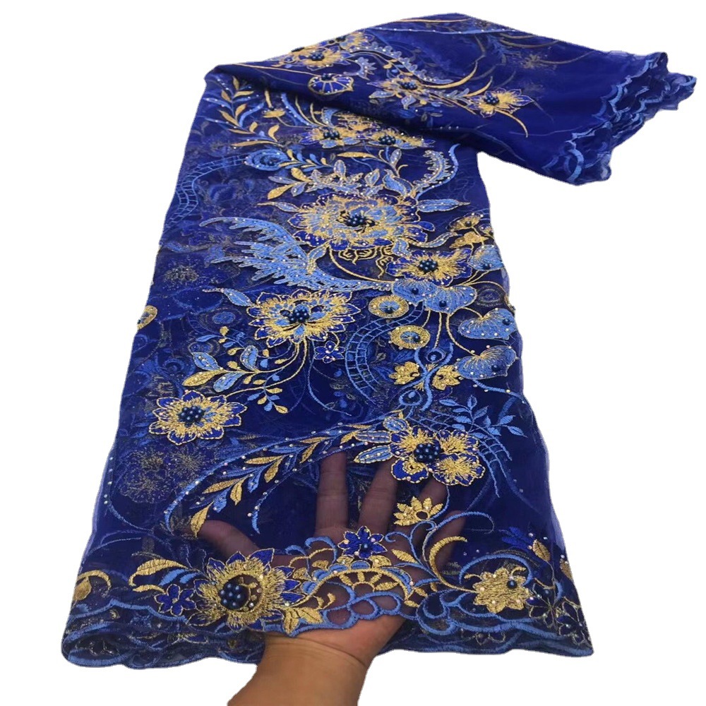 3D flower lace fabric factory外贸时尚网纱3D立体绣珠子烫钻绣