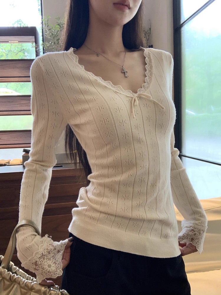 Fashionable Lace Splicing Long Sleeved Knitwear For Women Autum New V fashionable-lace-splicing-long-sleeved-knitwear-for-women-autum-new-v