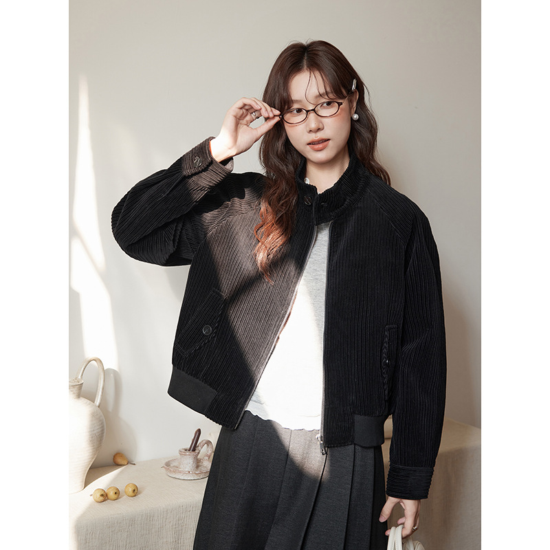 【勃艮第绒红】歌铭复古灯芯绒立领外套女装秋季机车服夹克N624C