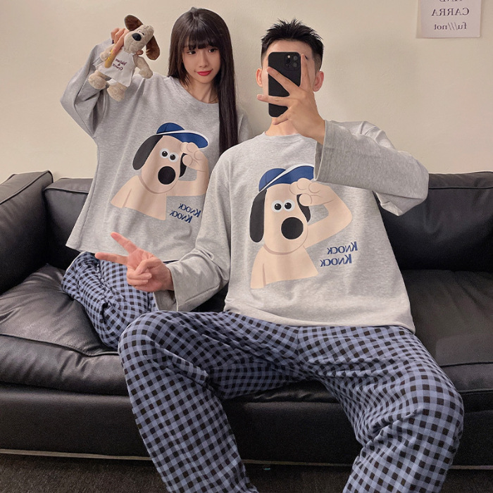 Spring and Autumn New Couple Pajamas Women's Imitation Cotton Long-Sleeved Trousers Suit Men's and Women's Youth Loose Large Size Casual Home Wear