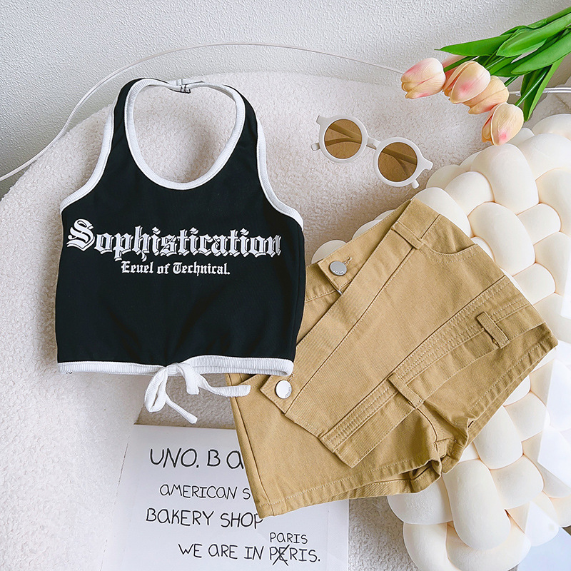 Girls' Summer New Letter Halter Neck Camisole Tie Strap Hot Girl Short Two-Piece Set Tx1048