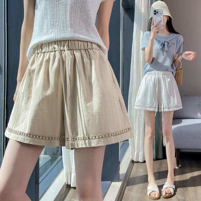 Lace Hollow-Out Patchwork Ice Silk Linen Shorts for Women, Summer 2026, High-Waisted A-Line Cotton-Linen Wide-Leg Shorts for Outerwear