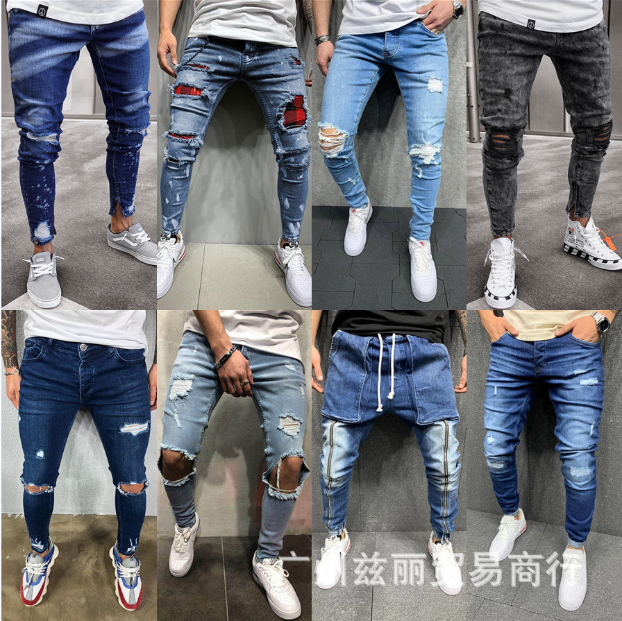European and American foreign trade Amazon AliExpress new men's worn feet stretch jeans skinny jeans Tailstock
