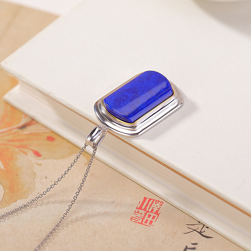 Mặt dây chuyền bạc S925 đính đá lapis lazuli phong cách vintage hình học — Mặt dây chuyền đơn (không bao gồm chuỗi)