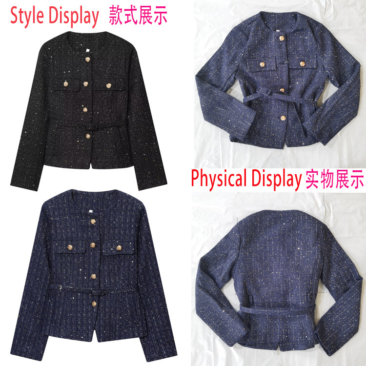 Cross-Border Women's Tweed Jacket, Round Neck, Long Sleeves, Slim Fit, Versatile, Spring and Autumn Jacket, Old Money Tweed Jacket