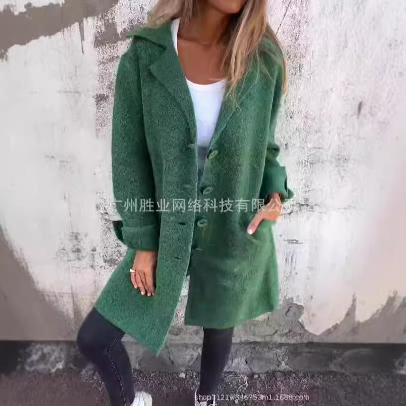 2025新款跨境外贸欧美女装大翻领纯色现货秋冬季呢子大衣外套风衣