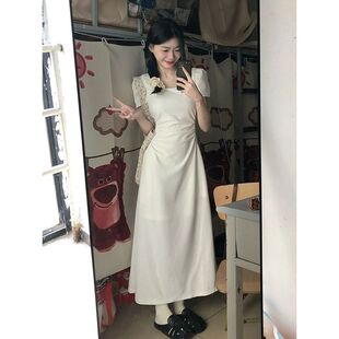 Maillard Summer Dress Slimming Short-Sleeved Elegant Long Skirt for Women 2025 New Slim French Waist Large Swing Skirt