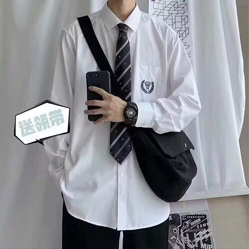 White long-sleeve shirt for men, Japanese college style, salt system, fresh and relaxed, loose, trendy, street style, DK uniform, class shirt