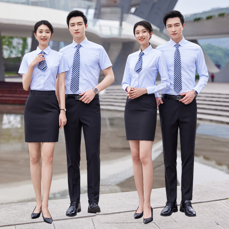 大码竖条纹衬衫女短袖简约感男女刺绣LOGO衬衣4S店销售工作服