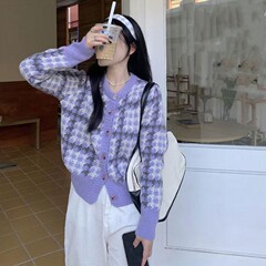日本と韓国の千鳥格子甘いスタイルのデザインセーター女性用 2025 春と秋の新作コントラストカラーニットカーディガン女性用ジャケット