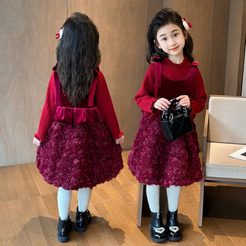 女童连衣裙秋冬款2025新款洋气儿童红色公主裙女孩过年服套装裙子|undefined