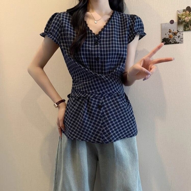 2026 Summer New Lace-Trimmed Short-Sleeve Shirt for Women with Bow Tie, Puff Sleeves, and Waist-Cinching Top Trendy Blouse 2026 Summer New Lace-Trimmed Short-Sleeve Shirt for Women with Bow Tie, Puff Sleeves, and Waist-Cinching Top Trendy Blouse