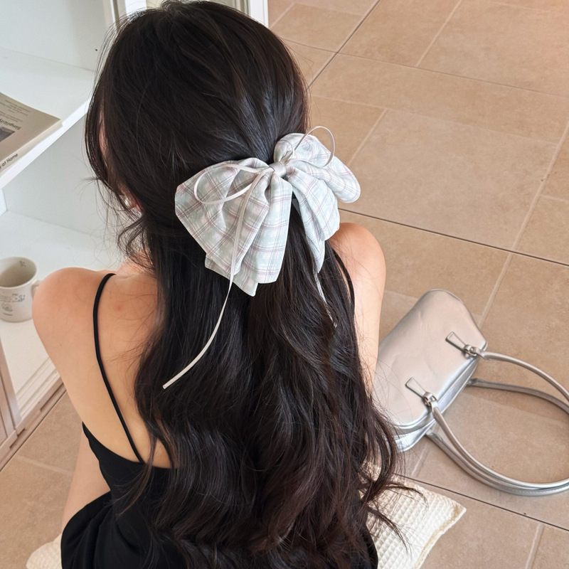 甘いチェック柄のリボンポニーテールクリップ、軽い高級感と高級感のある新しいヘアクリップ、後頭部のファッショナブルなヘアクリップ|undefined