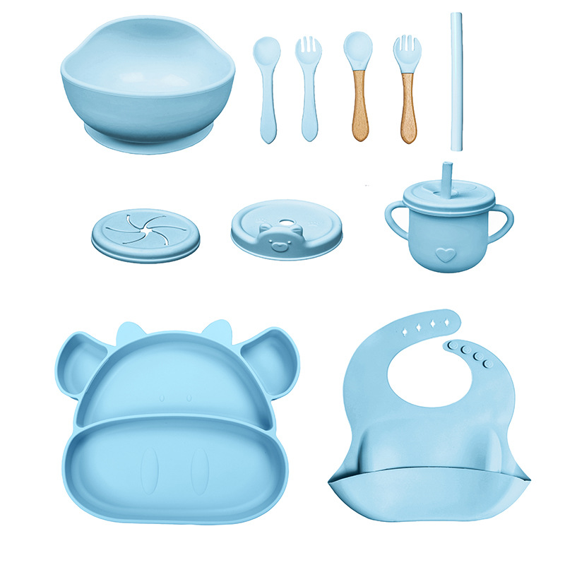 Conjunto de cubiertos para niños tazón de alimentos suplementarios platos de silicona tazón de cuchara de tenedor bib taza de agua de grado alimenticio para bebés alimentación suplementaria