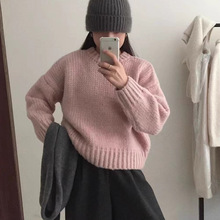 粗线棒针套头毛衣女宽松慵懒风韩系可爱圆领针织衫短款毛衣冬新款