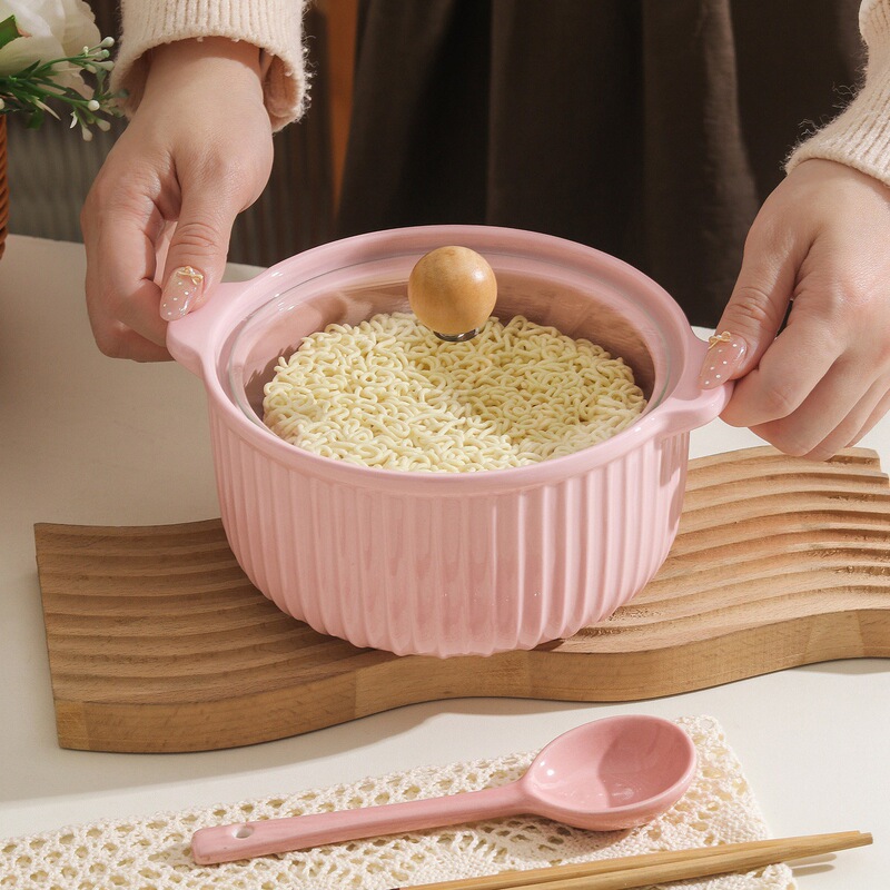 Underglaze Colored Ceramic Double-Eared Instant Noodle Bowl with Lid, Simple Household Anti-Scald Soup Bowl, Large Capacity Bowl, Microwave Safe