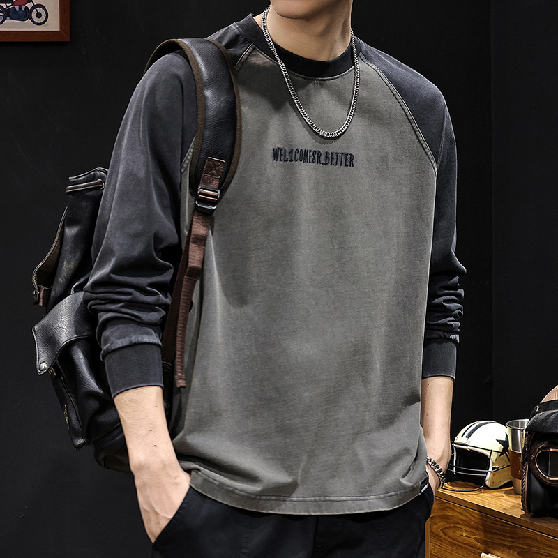 Autumn Color-Blocked Long-Sleeved T-Shirt for Men 2026 New Spring and Autum Style Pure Cotton American Fashion Brand Men's Round Neck Clothing Large Size