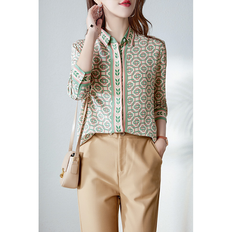 Dark Green Gold Buckle Chain Print Heavy Silk Shirt Women's Long-Sleeved Mulberry Silk Shirt 2026 Summer New Women's Clothing