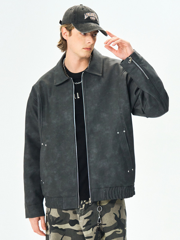 American Retro Fashion Coat Rivet PU Leather Jacket Snowflake Velvet Lapel Baseball Suit Maillard Couple Leather Jacket