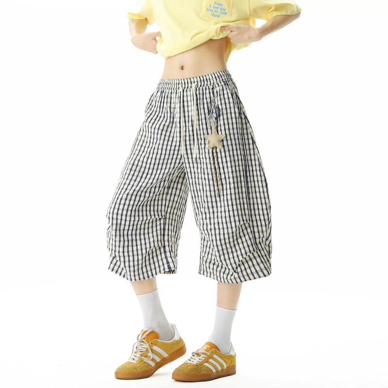 Star-Patterned Plaid Cropped Pants for Women, New Summer Style, Lazy Style, Wide-Leg Pants, Loose Casual Quick-Dry Shorts Star-Patterned Plaid Cropped Pants for Women, New Summer Style, Lazy Style, Wide-Leg Pants, Loose Casual Quick-Dry Shorts