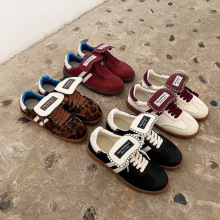 牛皮版~复古拼色马毛圆头真皮德训鞋女秋季新款百搭休闲运动板鞋