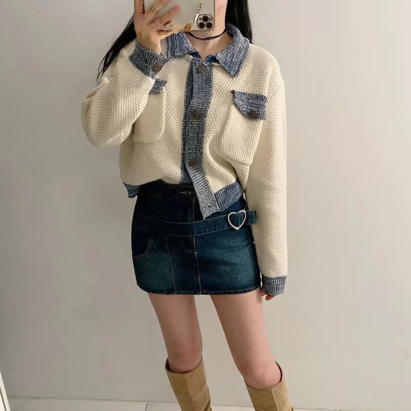 Korean style chic fashionable patchwork contrasting edge small fragrance mixed color cardigan 2024 spring and autumn_voghion.com
