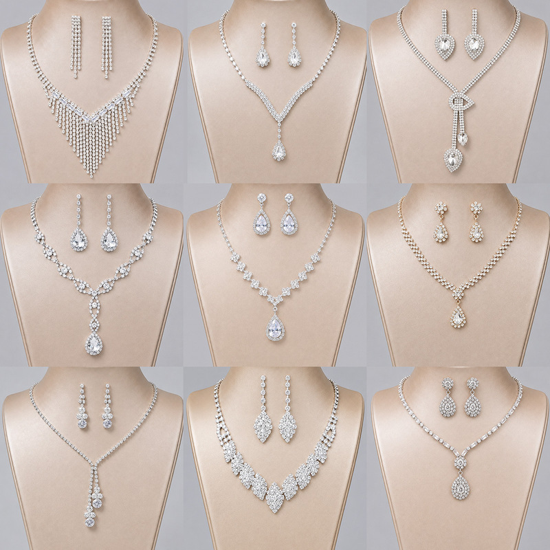European and American Bridal High-End Jewelry Set, Light Luxury Dinner Party Crystal-Encrusted Versatile Necklace and Earrings Three-Piece Set European and American Bridal High-End Jewelry Set, Light Luxury Dinner Party Crystal-Encrusted Versatile Necklace and Earrings Three-Piece Set