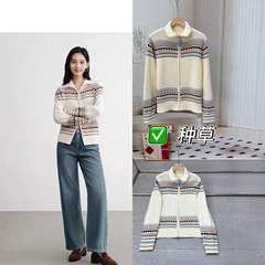 即墨厂家08270625女装2025早秋新款几提花撞色拉链针织毛衣开