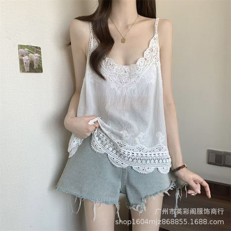 Summer New Retro Literary Simple Thin Versatile Base Shirt Forest Style Lace Solid Color Tank Top