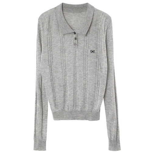 Korean-style minimalist bow embroidery POLO collar long-sleeved knit top for women, early autumn casual versatile flattering blouse