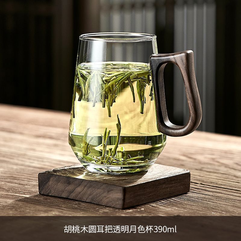 [둥근귀]투명나무손잡이유리 390ML