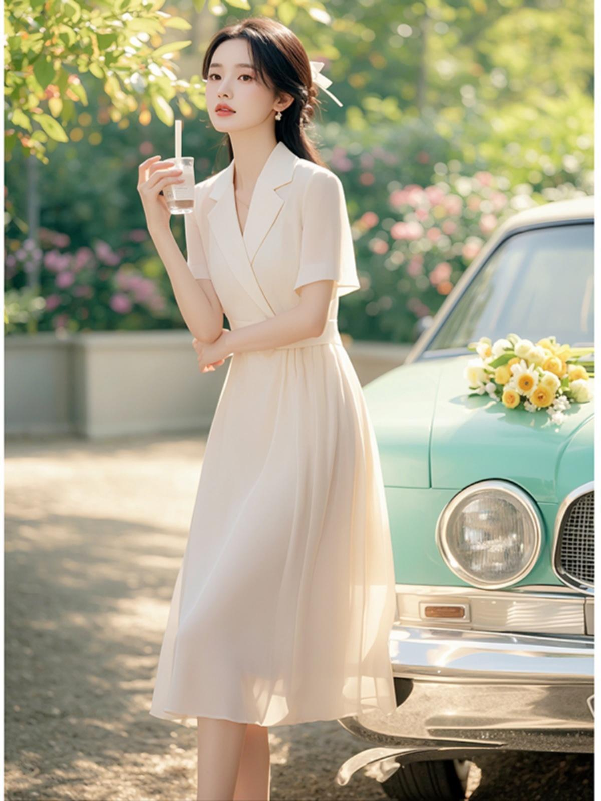 Váy liền voan trắng thắt eo dáng maxi cho nữ mùa hè — Màu trắng