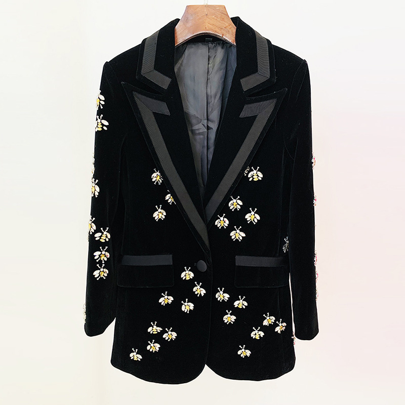 In Stock 2026 Autumn and Winter New European and American Celebrity Fashion Slim-Fit Bee Heavy-Duty Rhinestone-Embellished Velvet Blazer