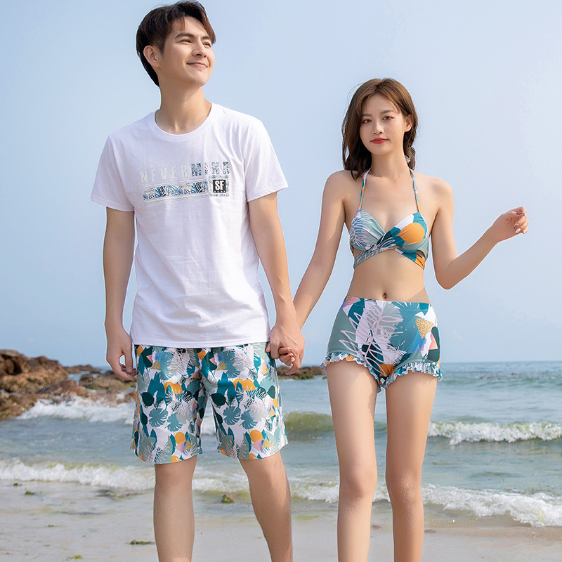 Hot spring swimsuit women's three-piece set conservative slimming seaside honeymoon vacation men's beach pants couple swimming suit