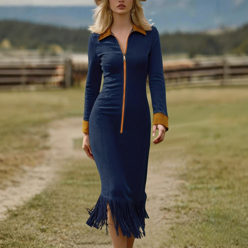 Cross-Border European and American Amazon New Women's Retro Western Tassel Imitation Deerskin Velvet Contrasting Color Long-Sleeved Slim Dress Cross-Border European and American Amazon New Women's Retro Western Tassel Imitation Deerskin Velvet Contrasting Color Long-Sleeved Slim Dress