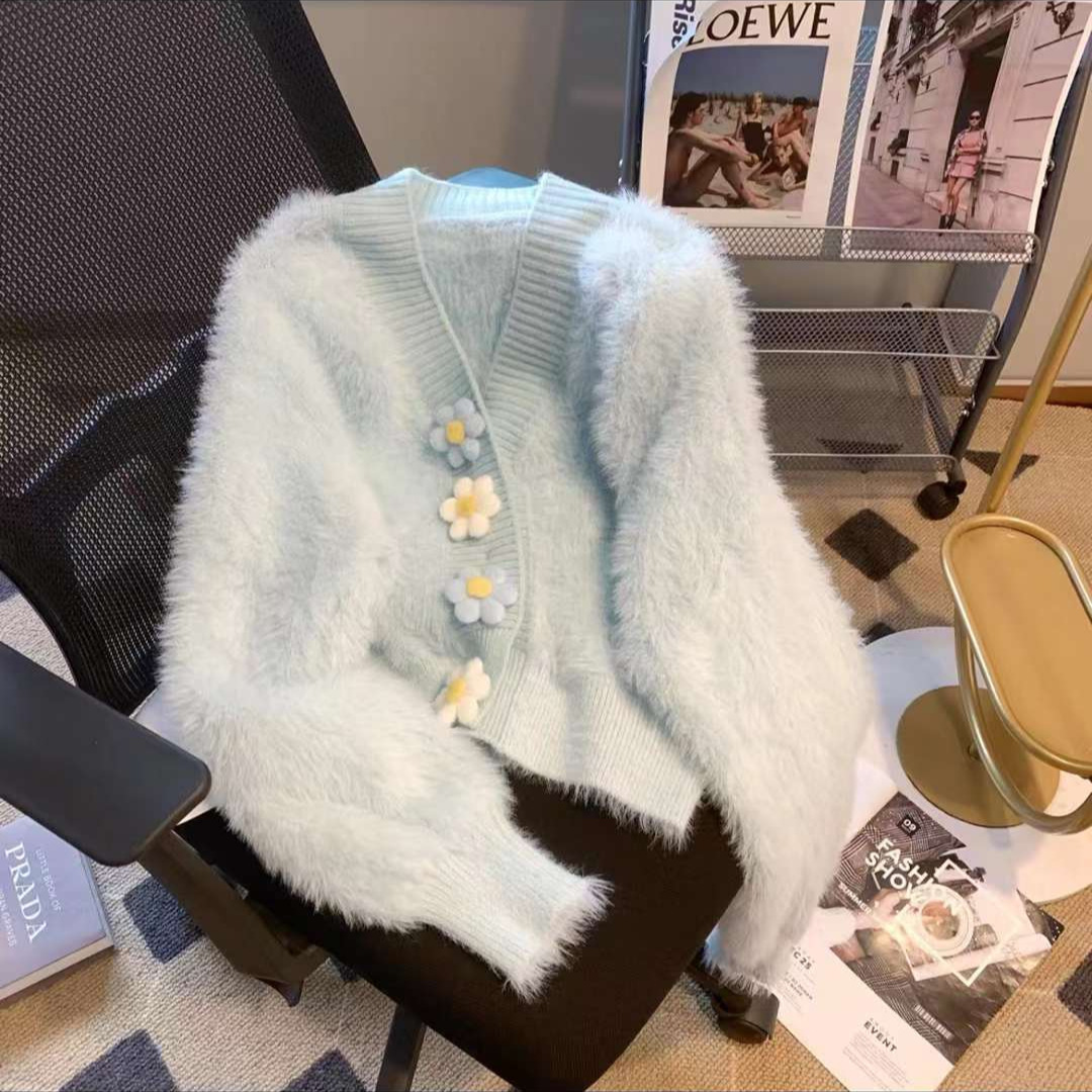 24 invierno Puyuan calidad dulce viento fresco dulce cardigan de cuello en V suelto camisa de estilo de mujer