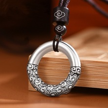 925镀银复古实心平安扣吊坠情侣金箍棒银气质时尚ins风饰品