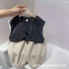 Summer Cool Trendy Kids' Sleeveless Set for Boys and Girls, Cotton-Linen Breathable Tank Top and Seven-Franchise Pants, Two-Piece Set Fashion