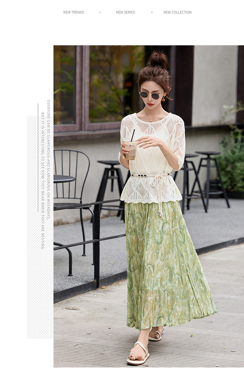Set áo khoác ren buộc dây kết hợp chân váy hoa maxi hai mảnh đi biển — màu sắc, xanh lá cây chi tiết 11
