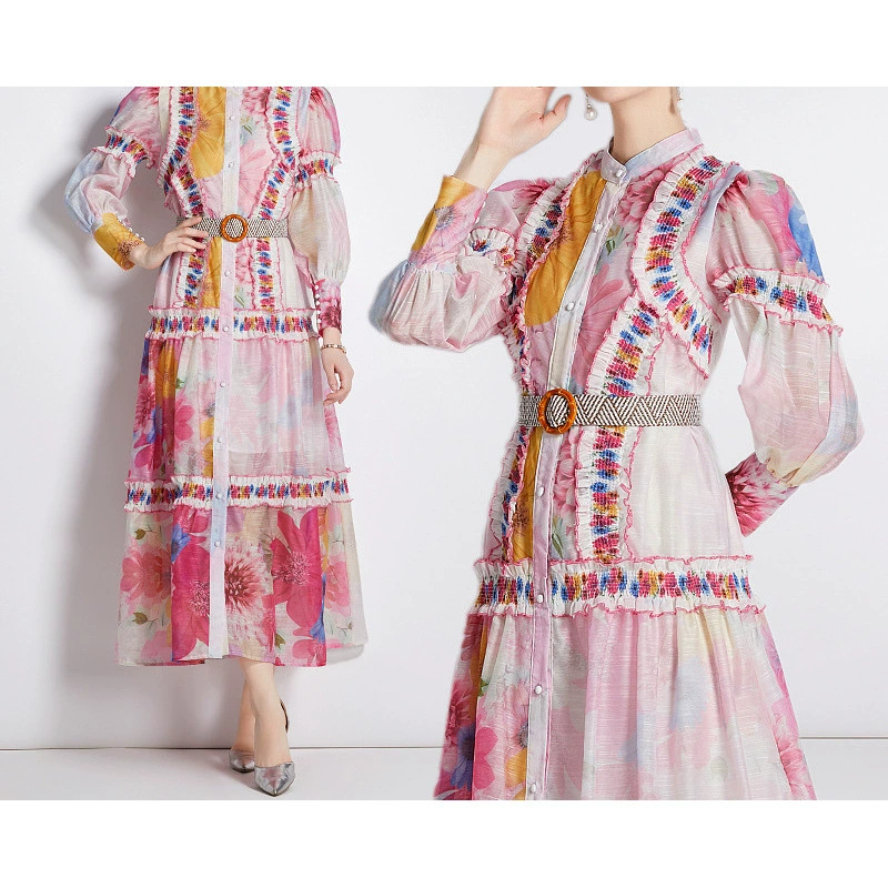 Новое платье для женщин весна-осень 2025 года: модная длинная юбка с принтом, милые фонарики на рукавах, контрастная расцветка, воротник-стойка, рюши.