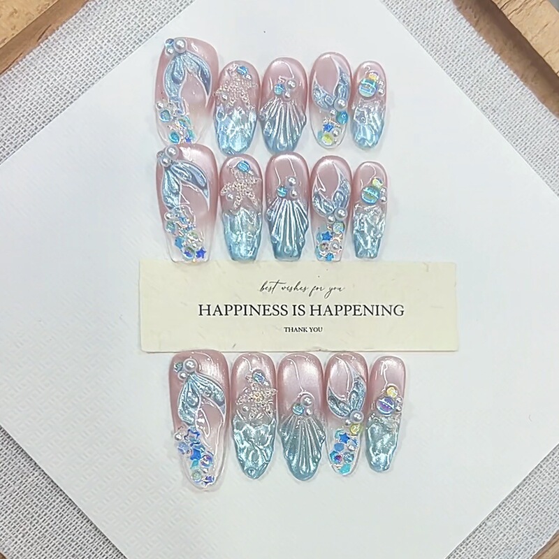 Daiyueda Pure Handmade Wearable Nails Summer New Tide Whisper Hand-Painted Fish Tail Shell Cat Eye Manicure Patch