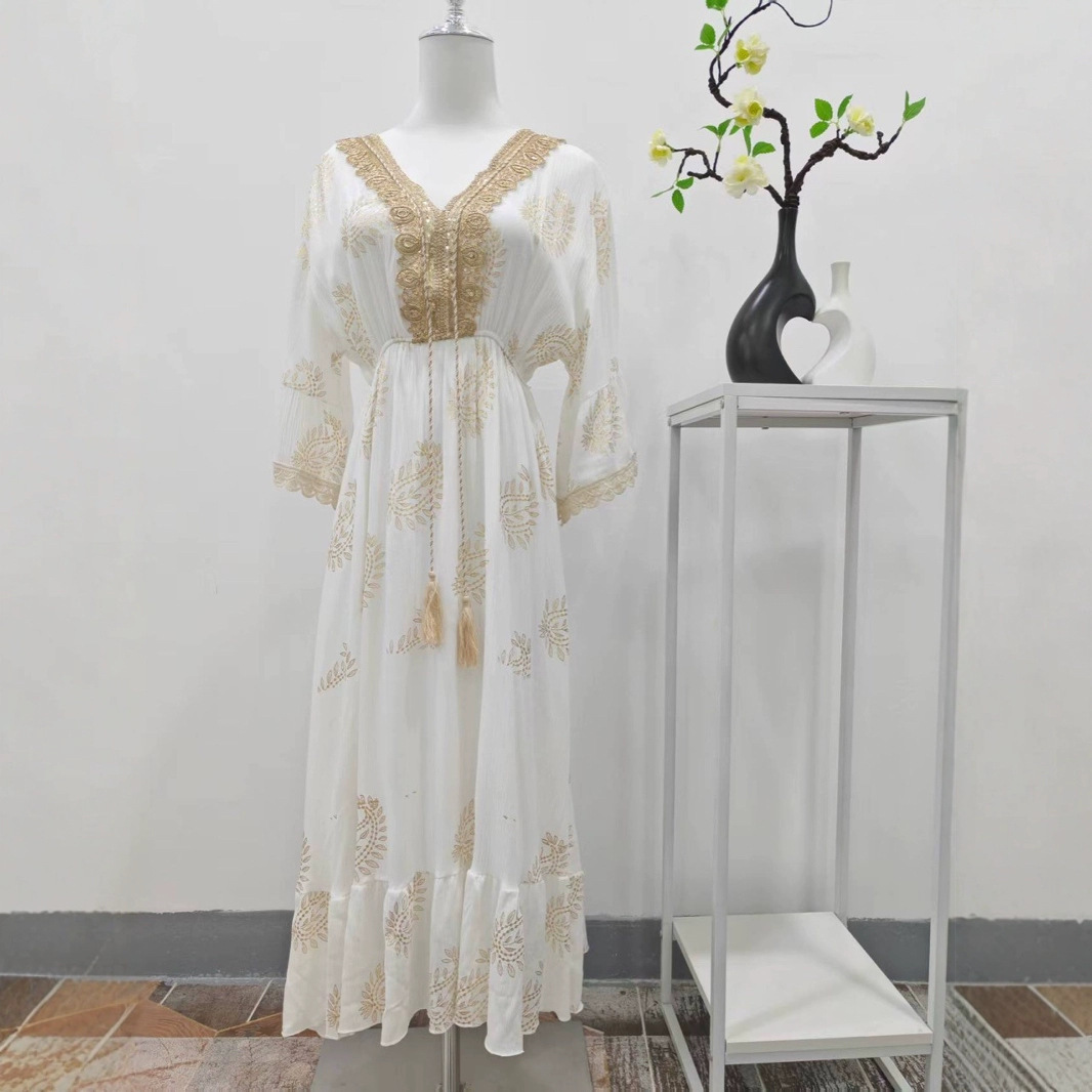 2025 New Women's Malay Indonesian Muslim Robe Fashion Gold Foil Dress_ecoleips.com