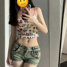 辣妹低腰牛仔超短裤女装夏季2024复古提臀热裤性感紧身直筒热裤子