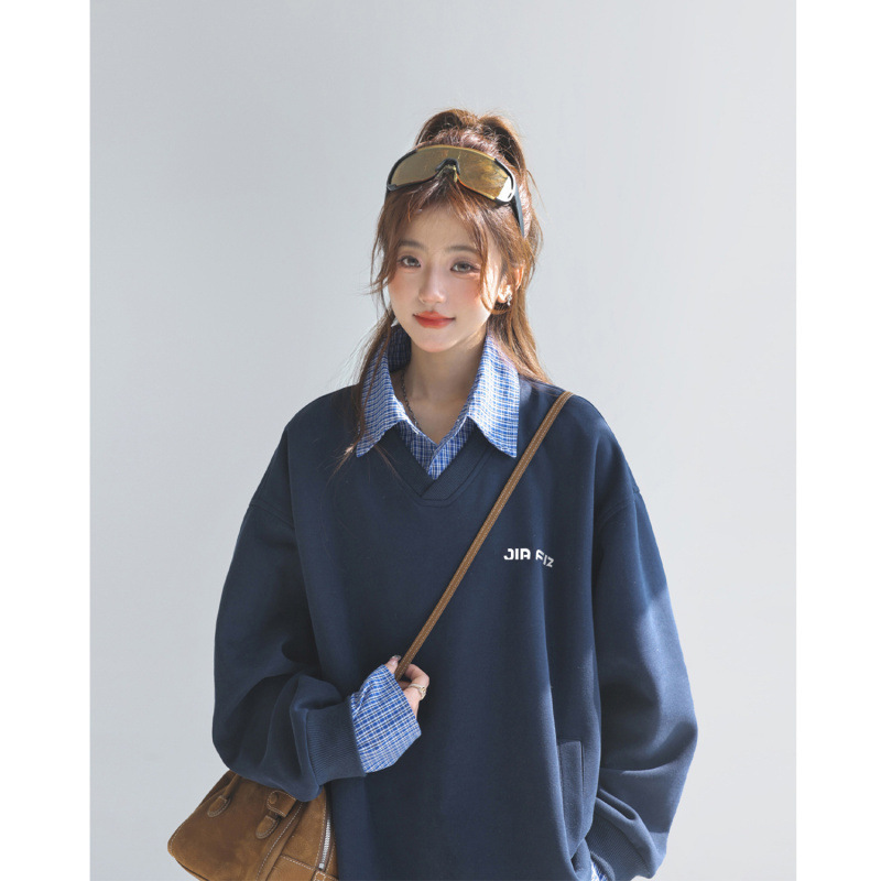 Spliced Shirt Fake Two-Piece Sweatshirt for Women Spring & Fall Thin American Retro Preppy Style Loose Lazy Hooded Top Trendy