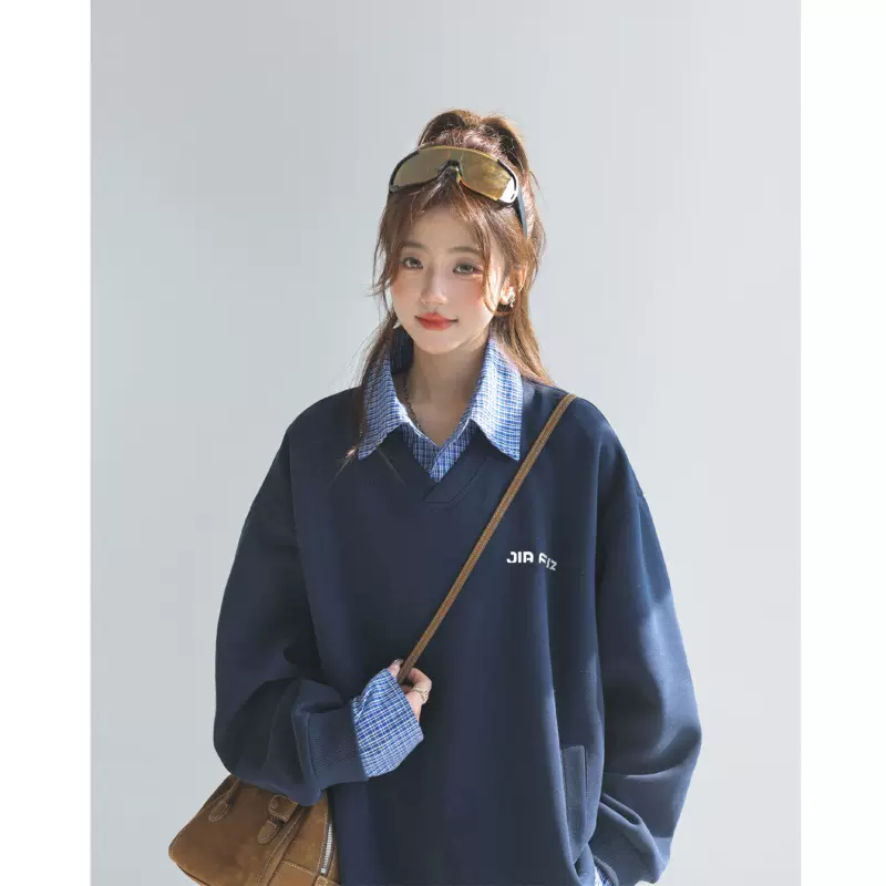 拼接衬衫假两件卫衣女春秋薄款美式复古学院风宽松慵懒无帽上衣潮