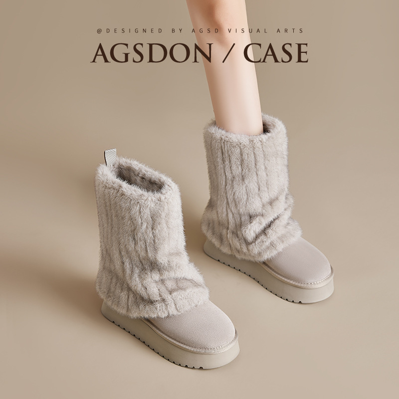 Botas de nieve de cilindro medio para mujeres 2025 nuevo invierno con pantalones gruesos de lana de base gruesa