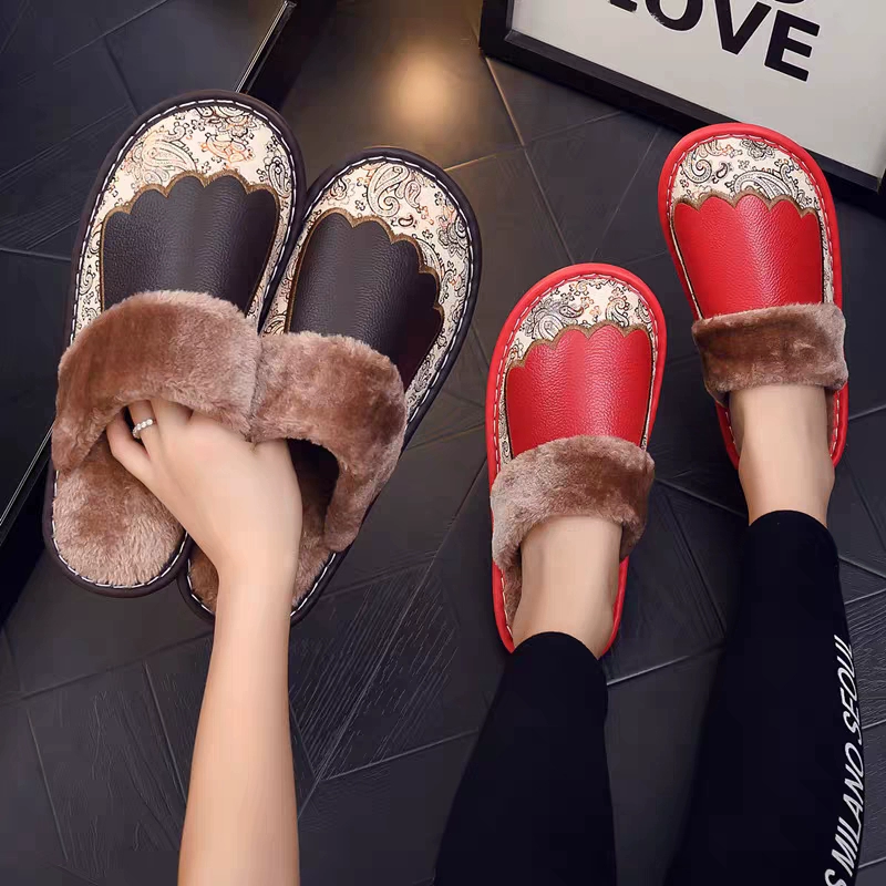 Новый Стиль Тапочки из воловьей кожи для домашнего использования, модные водонепроницаемые утолщенные теплые зимние хлопковые тапочки из натуральной кожи для мужчин и женщин