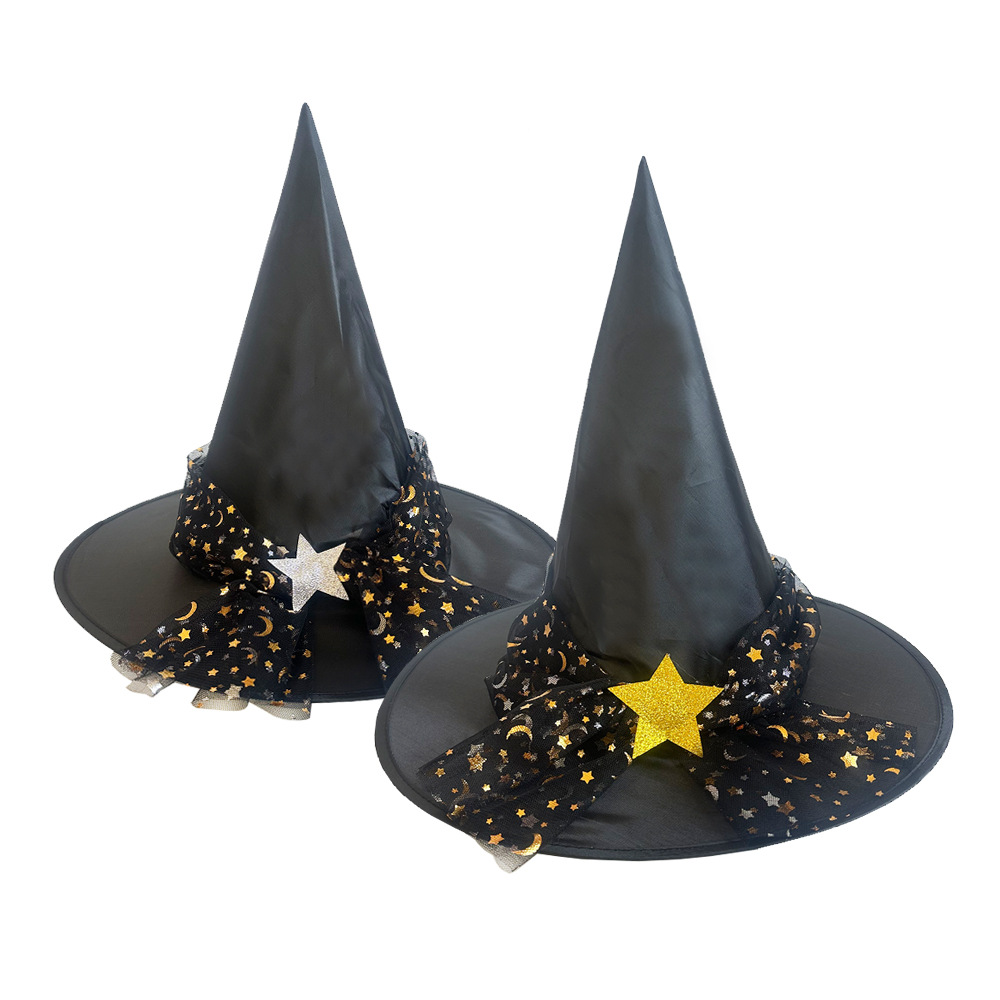 欧美服装配件成人儿童cosplay巫婆帽星月网纱万圣节女童女巫帽