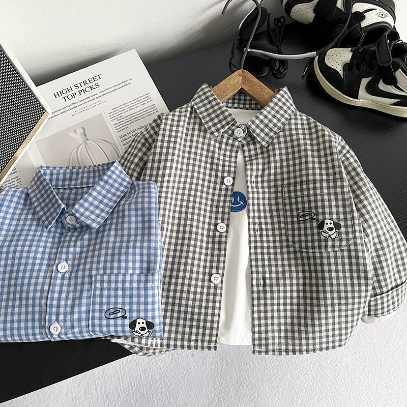 2025 New Boys' Plaid Shirt Puppy Cream Trendy Boys' Casual Korean Style Simple Long-Sleeved Rabbit Fur Others